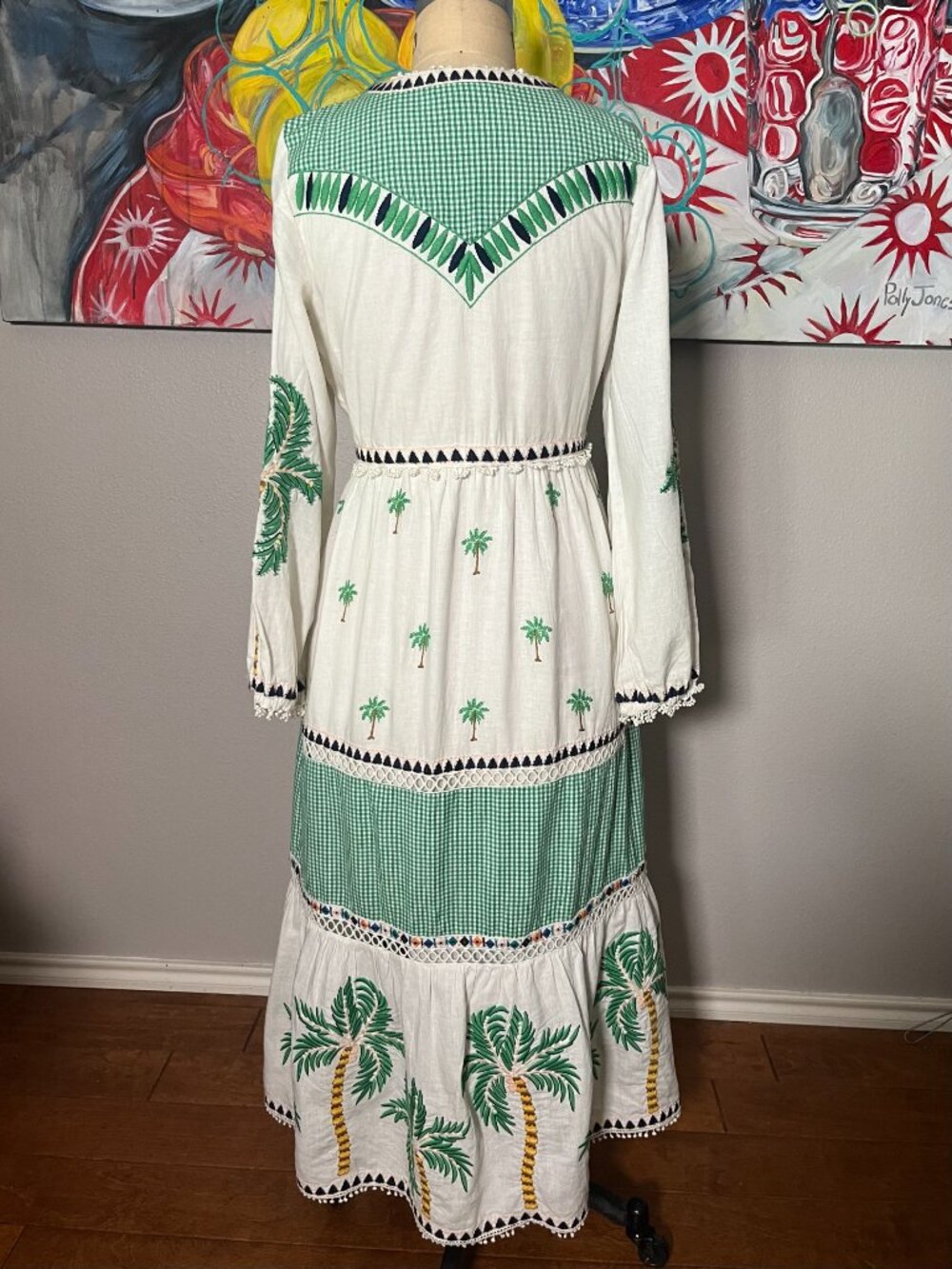 FARM Rio Embroidered Palm Tree Gingham Green White Maxi Dress - Picture 9 of 12